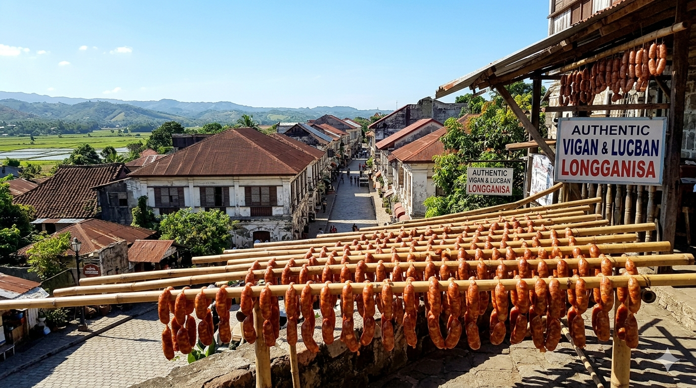Vigan and Lucban longganisa on a wooden platter, uncooked and prepared.