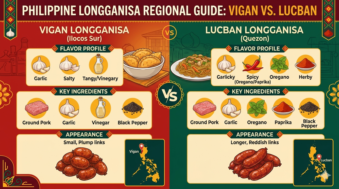 Ingredient chart comparing Vigan and Lucban longganisa composition.